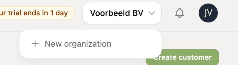 Het organisatiemenu met Nieuwe organisatie
