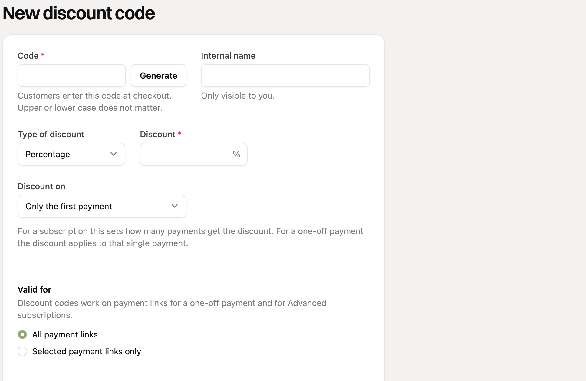 The form for a new discount code