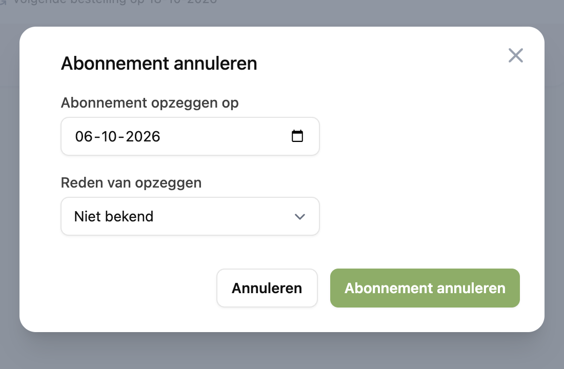 Het venster Abonnement annuleren met datum en reden van opzeggen