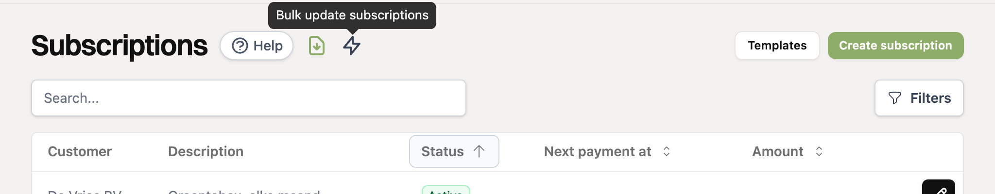The lightning bolt icon Bulk update subscriptions next to the title