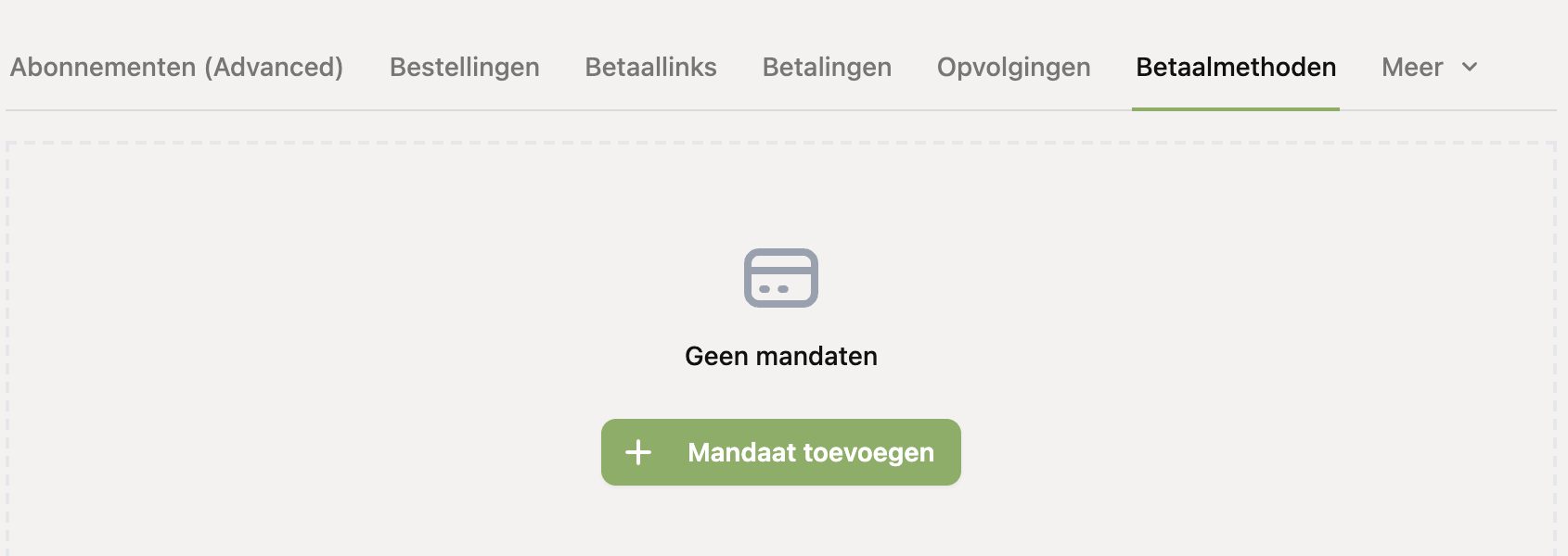 Het tabblad Betaalmethoden van een klant met de knop Mandaat toevoegen