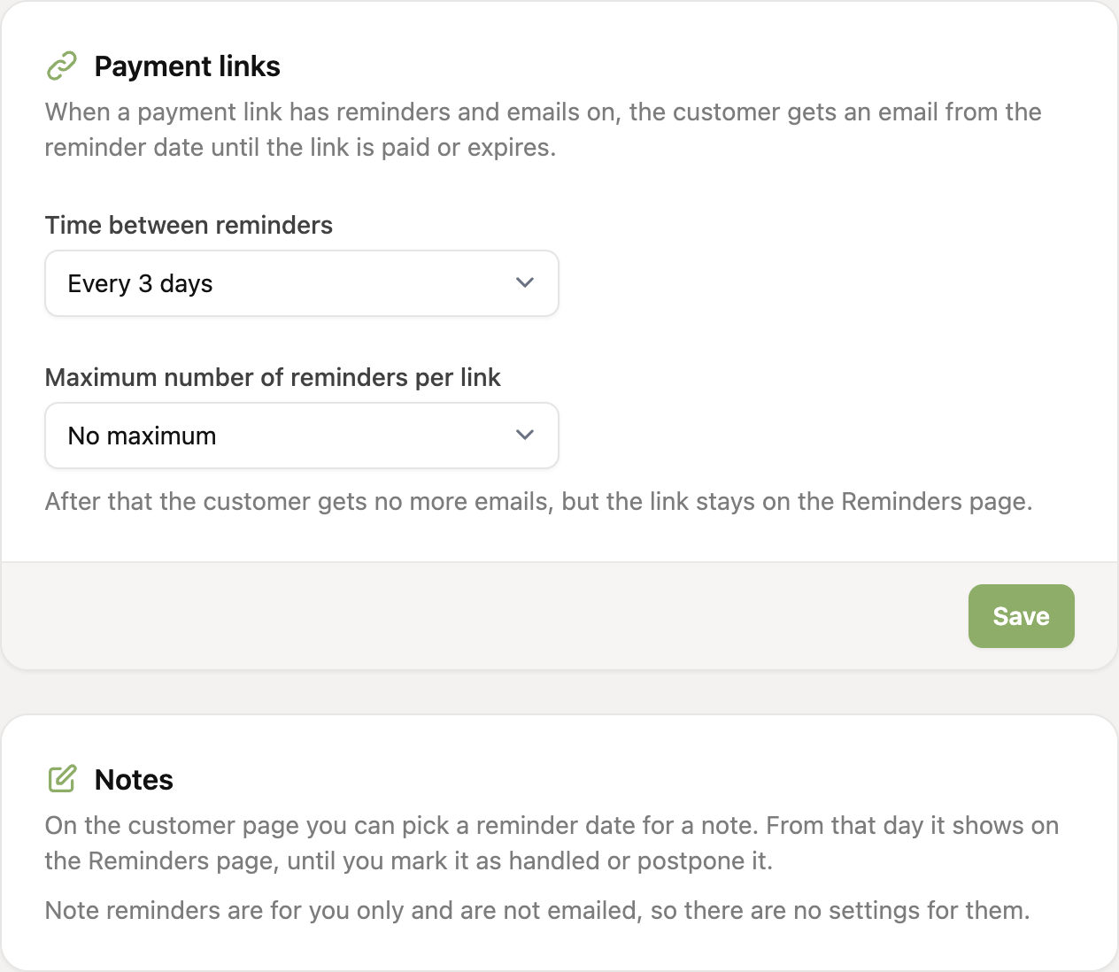 The reminder settings, with a block for payment links and a block for notes
