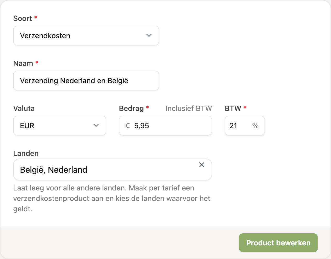 Het formulier voor verzendkosten met de landen België en Nederland