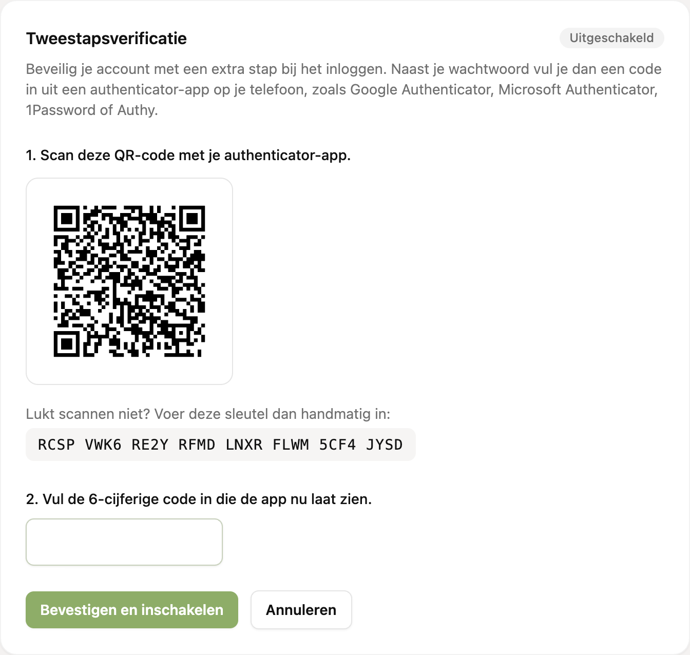 De QR-code en het veld voor de code uit je app