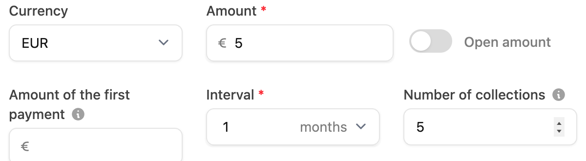 Payment link with amount 5, interval 1 month and number of collections 5
