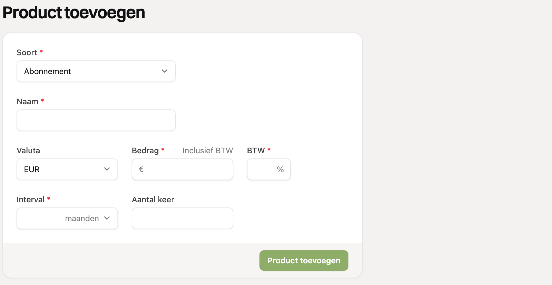 Het formulier voor een abonnement-product