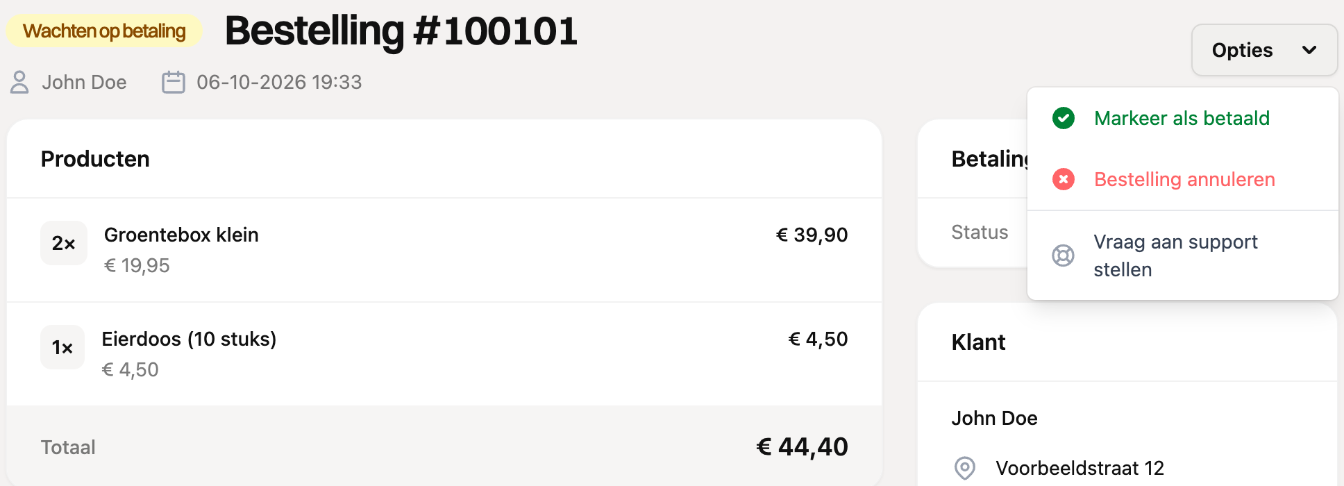 Het menu Opties bij een bestelling die op betaling wacht