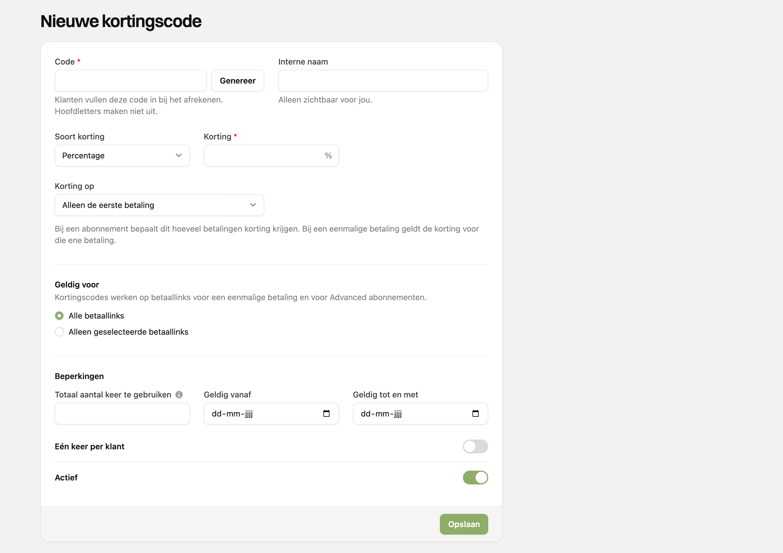 Het formulier voor een nieuwe kortingscode