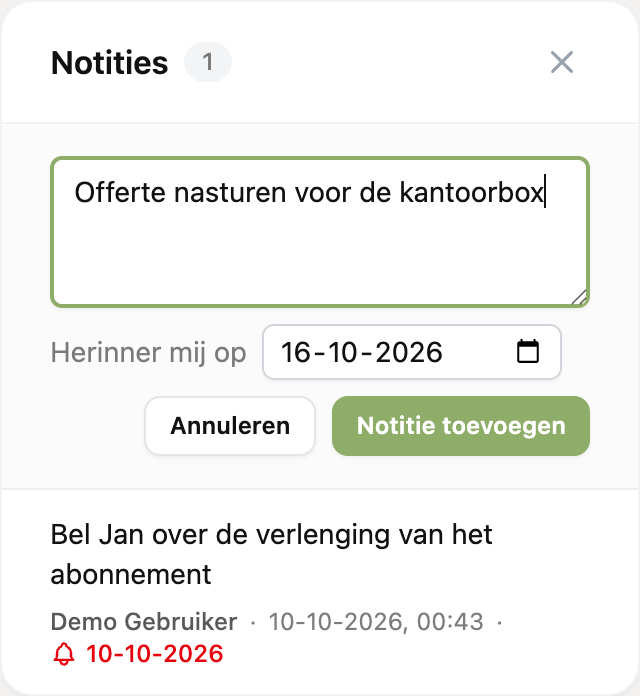 Het blok Notities met een nieuwe notitie en een herinneringsdatum