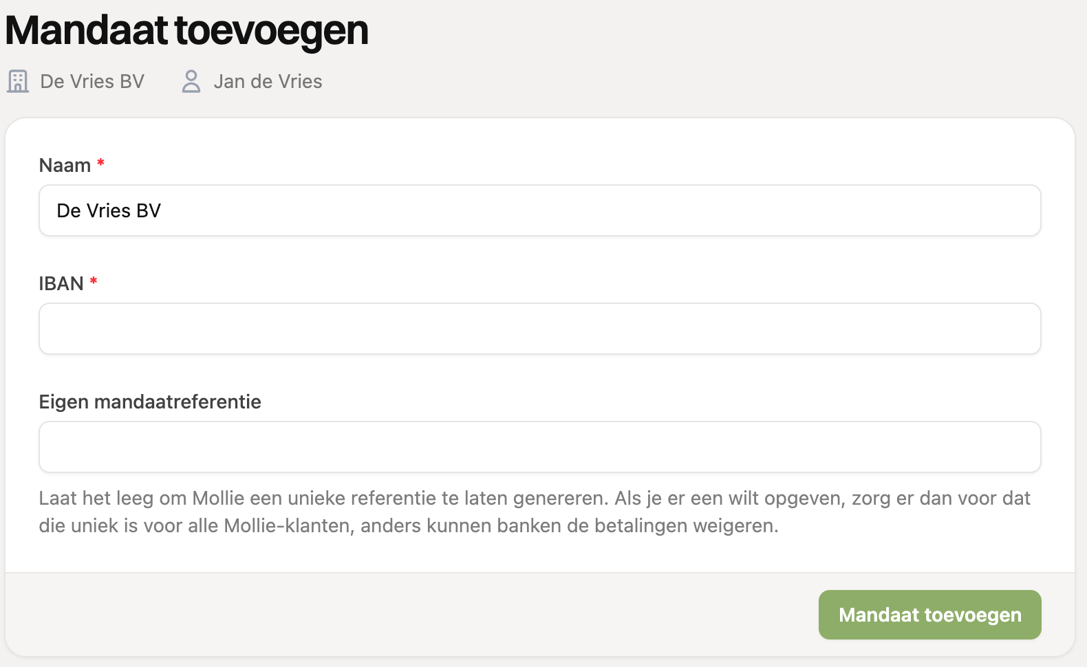 Het formulier Mandaat toevoegen met naam, IBAN en eigen mandaatreferentie