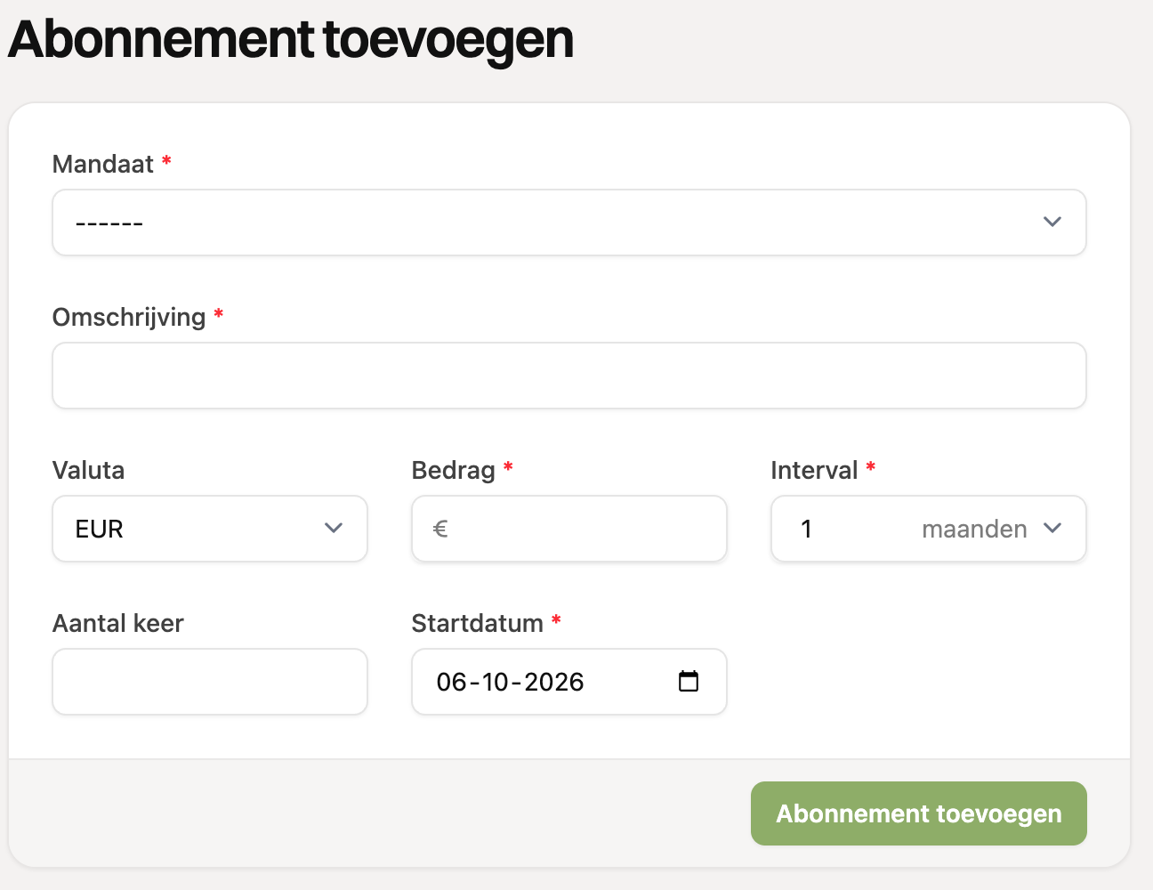 Het formulier om een abonnement toe te voegen