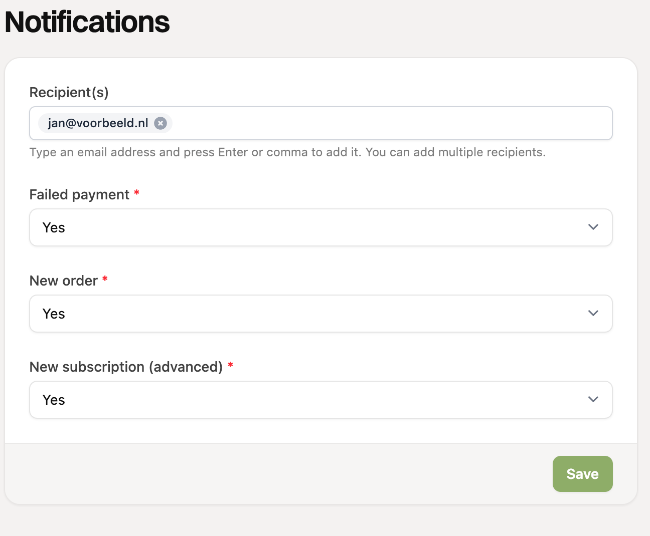 The notification settings with recipients and notifications
