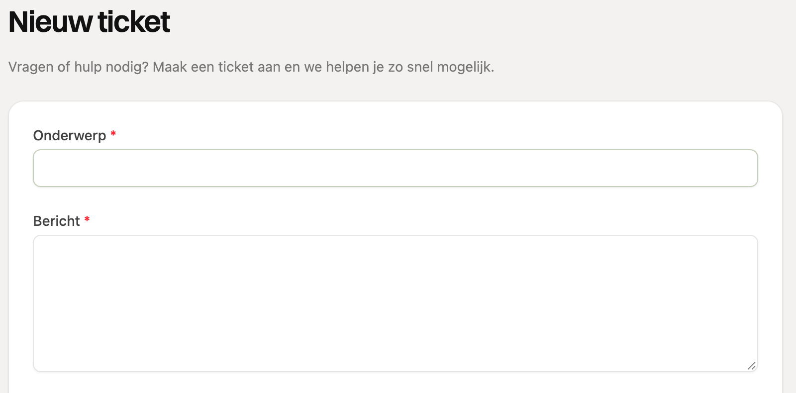 Het formulier Nieuw ticket met onderwerp en bericht