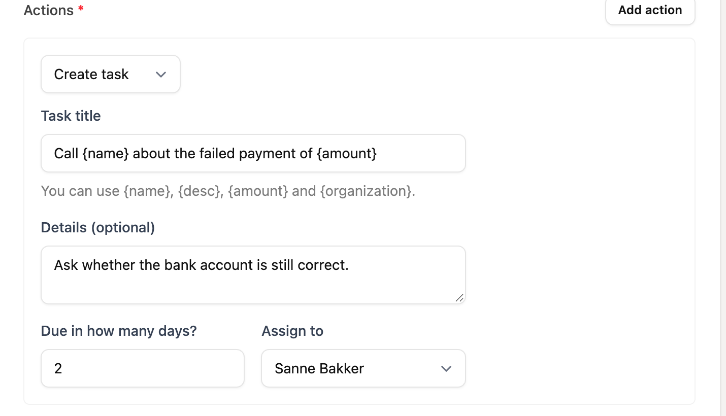 The workflow action Create task with title, details, number of days and colleague