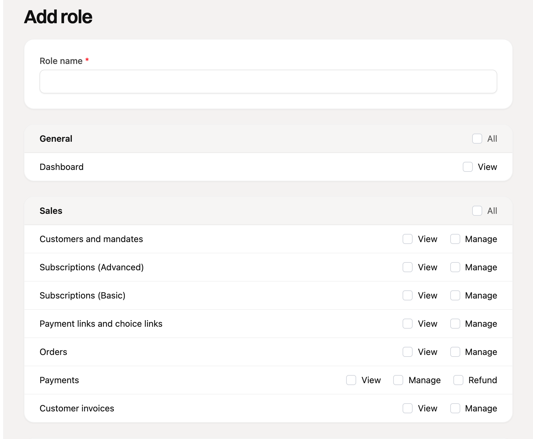 The form to create a role with permissions per area