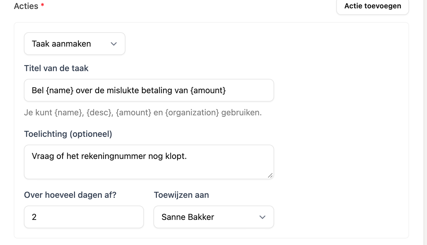 De workflowactie Taak aanmaken met titel, toelichting, aantal dagen en collega