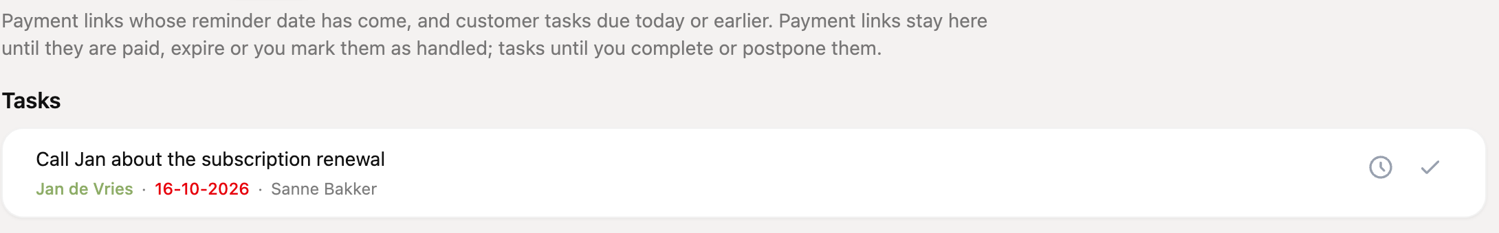 The Reminders page with an open task for a customer