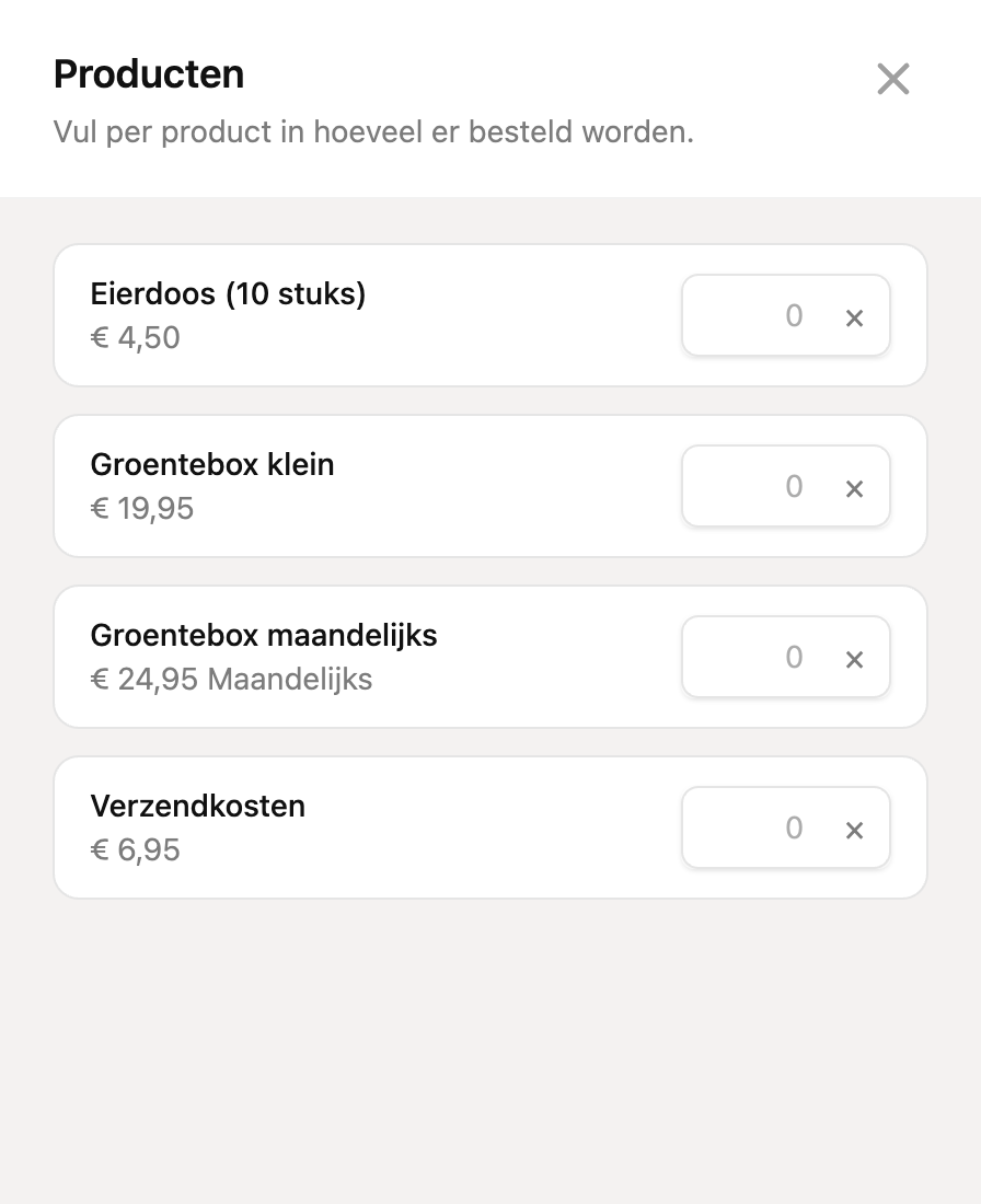 Het paneel Producten met aantallen
