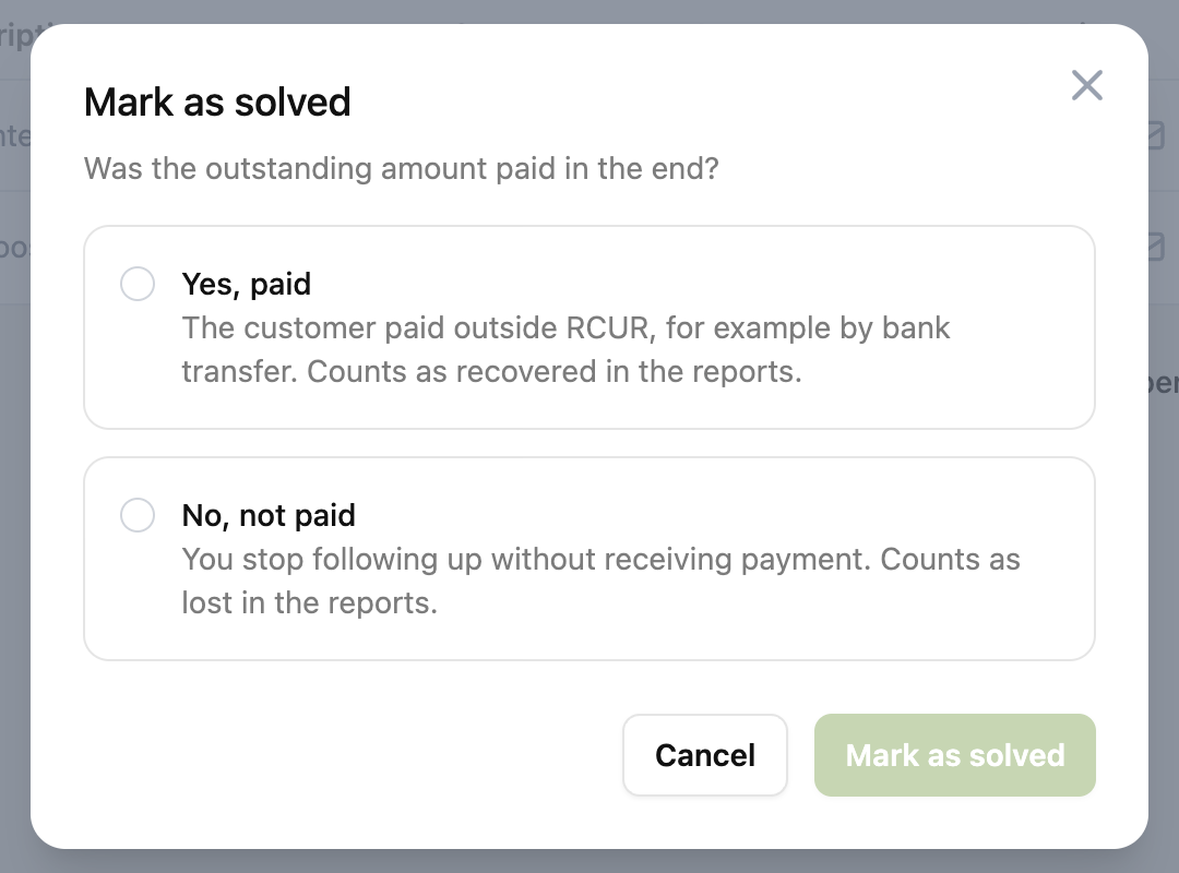 The Mark as solved window with the choice Yes, paid or No, not paid