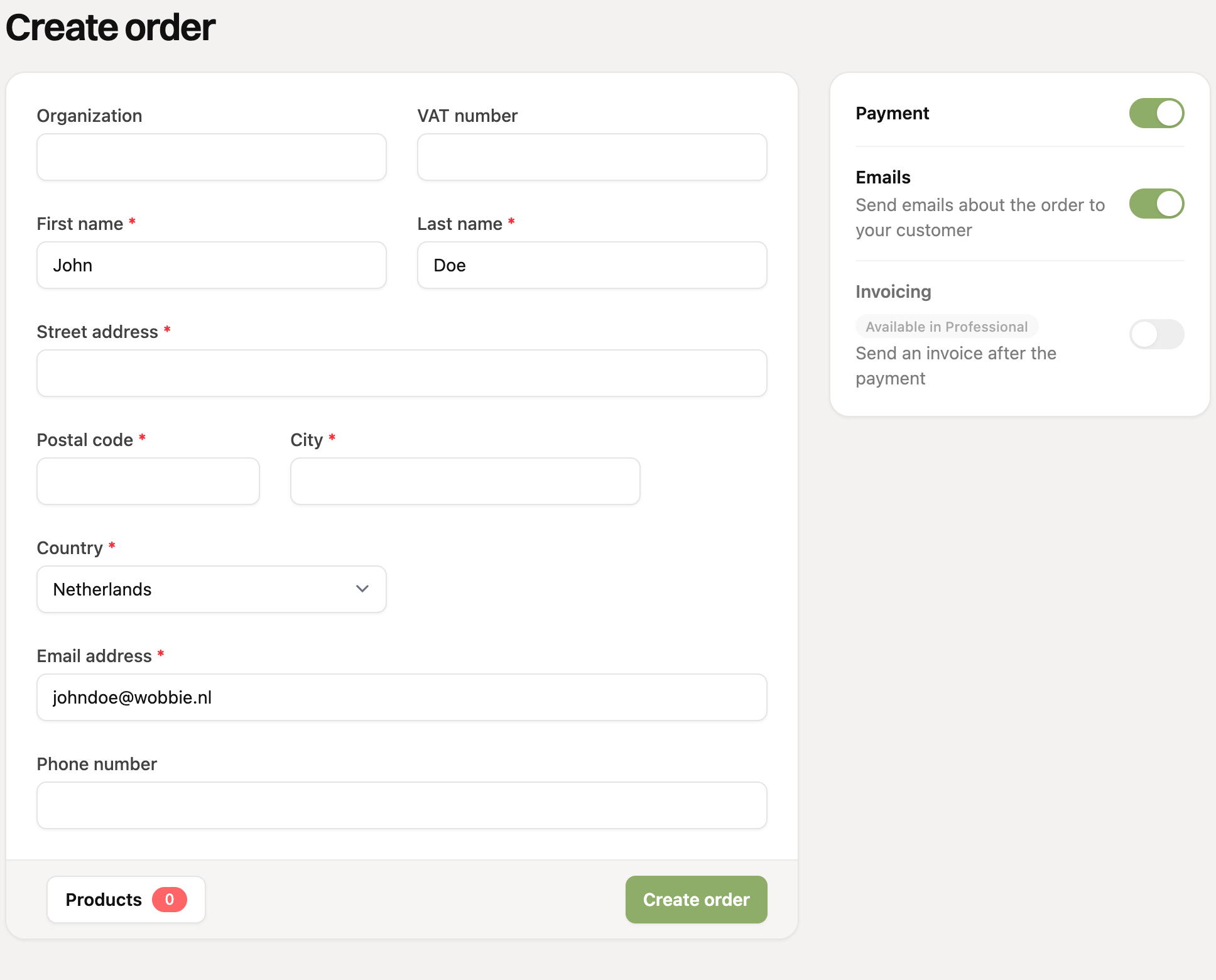 The form to create an order