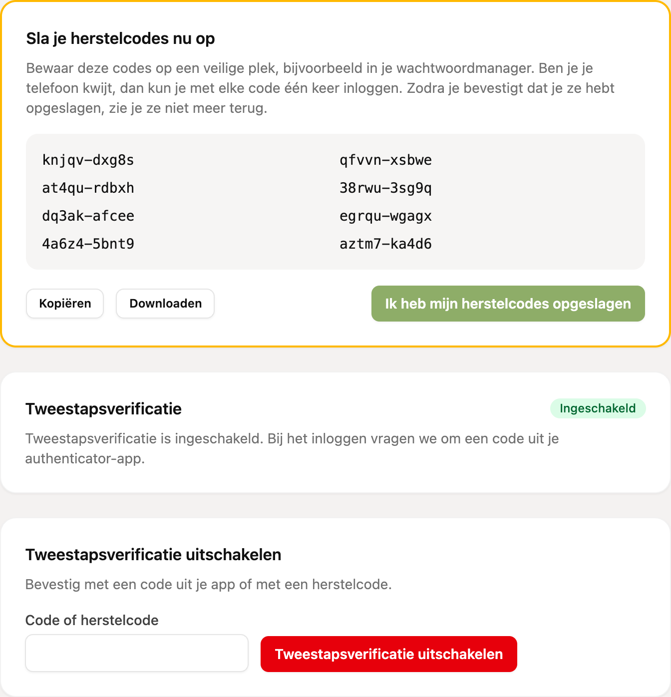 De herstelcodes en de status Ingeschakeld