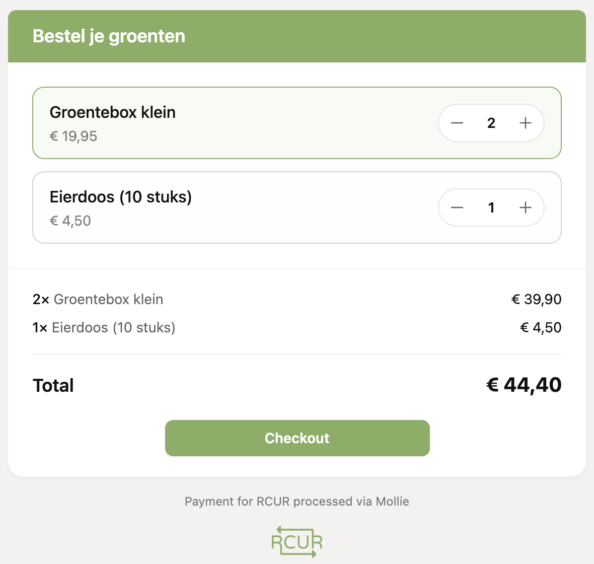 The order page as the customer sees it