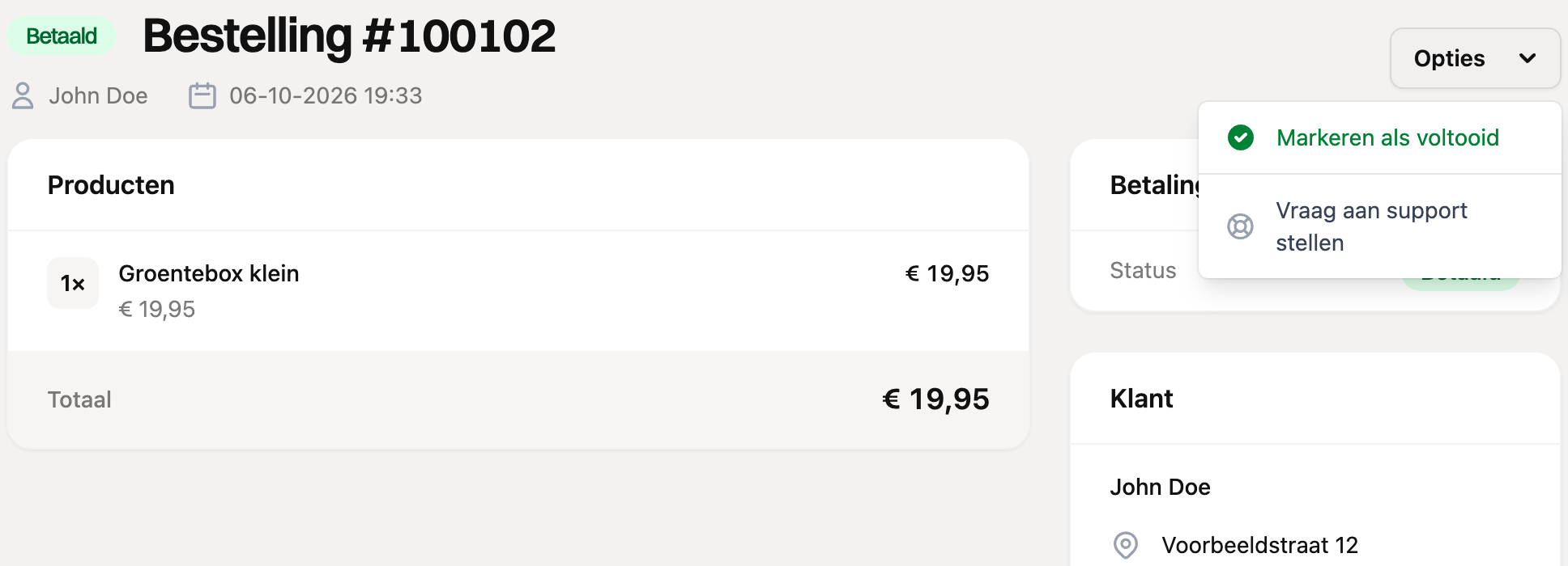 Het menu Opties bij een betaalde bestelling