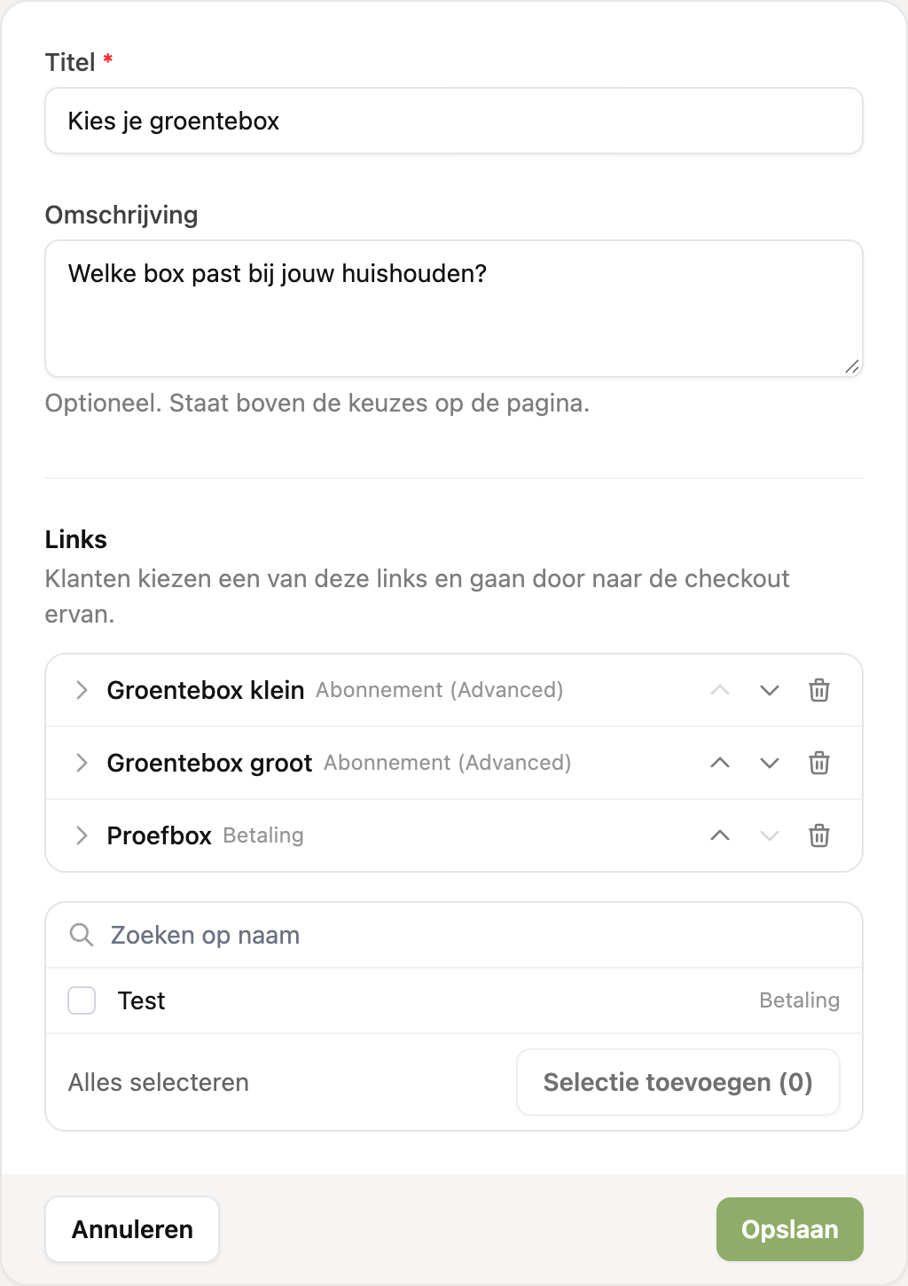 Het formulier voor een nieuwe keuzelink