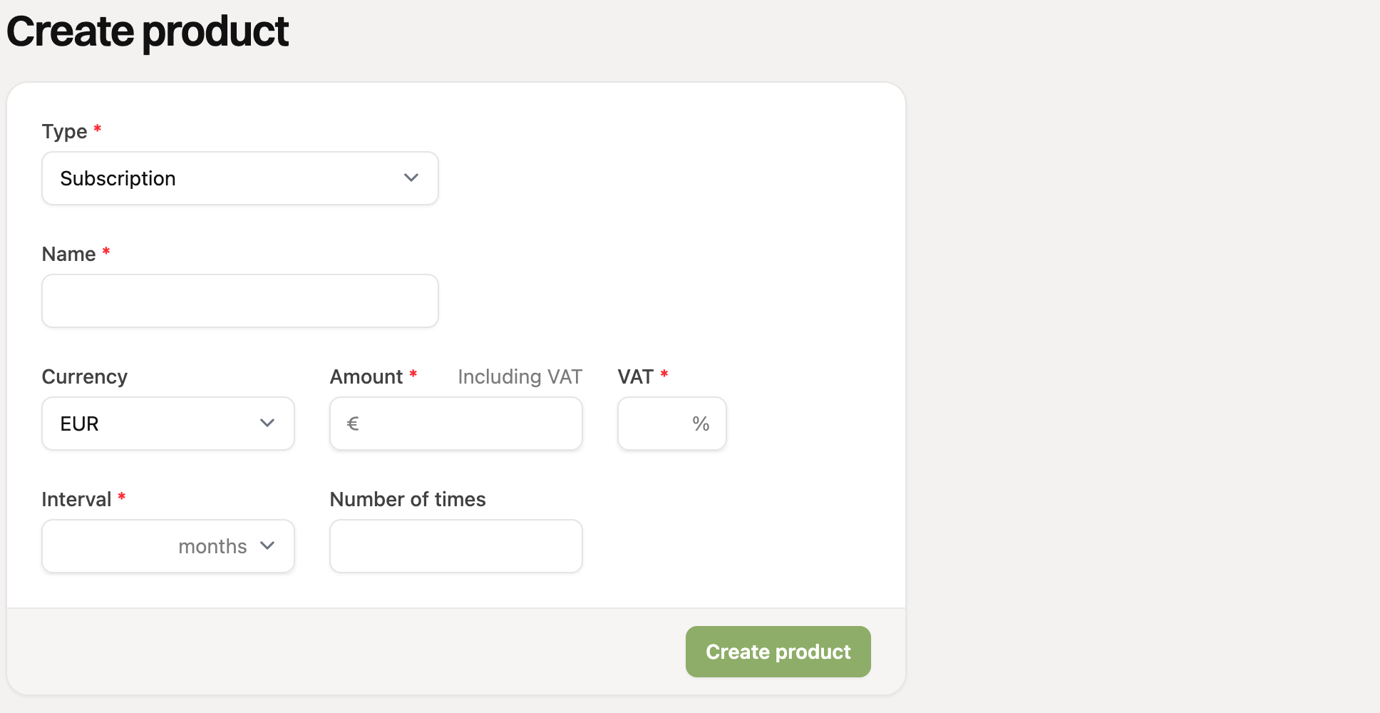The form for a subscription product