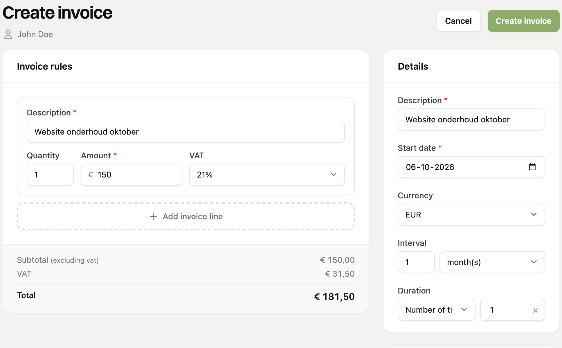 The form for a one-off invoice