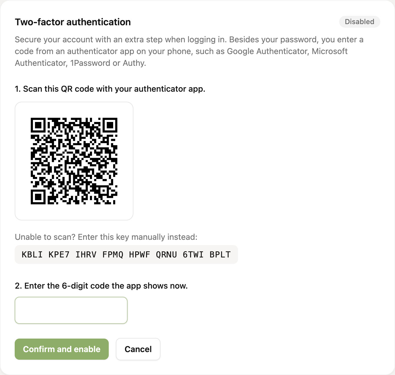 The QR code and the field for the code from your app