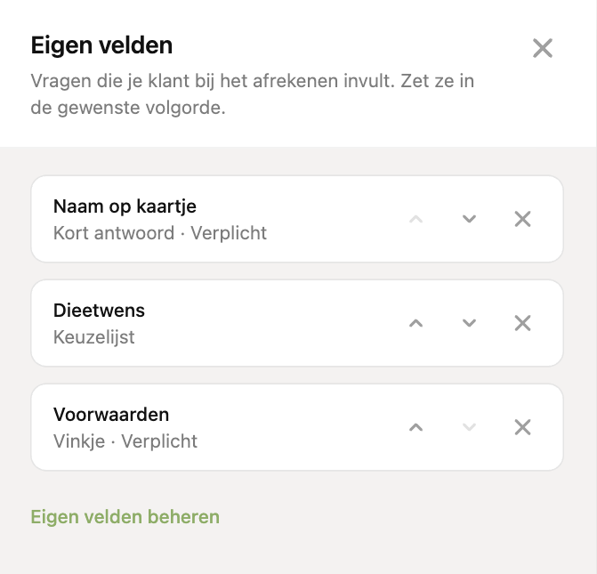 Het paneel met eigen velden bij een betaallink