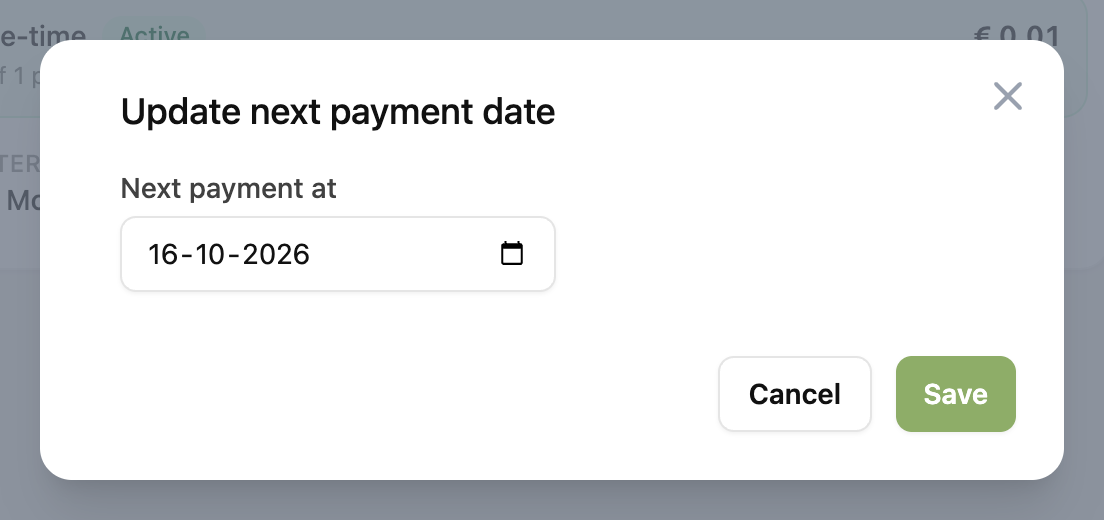 The Update next payment date window