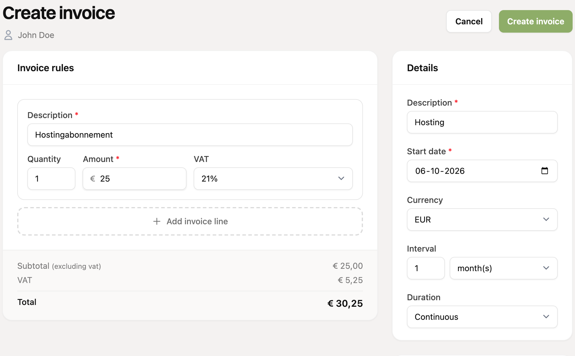 The form for a recurring invoice