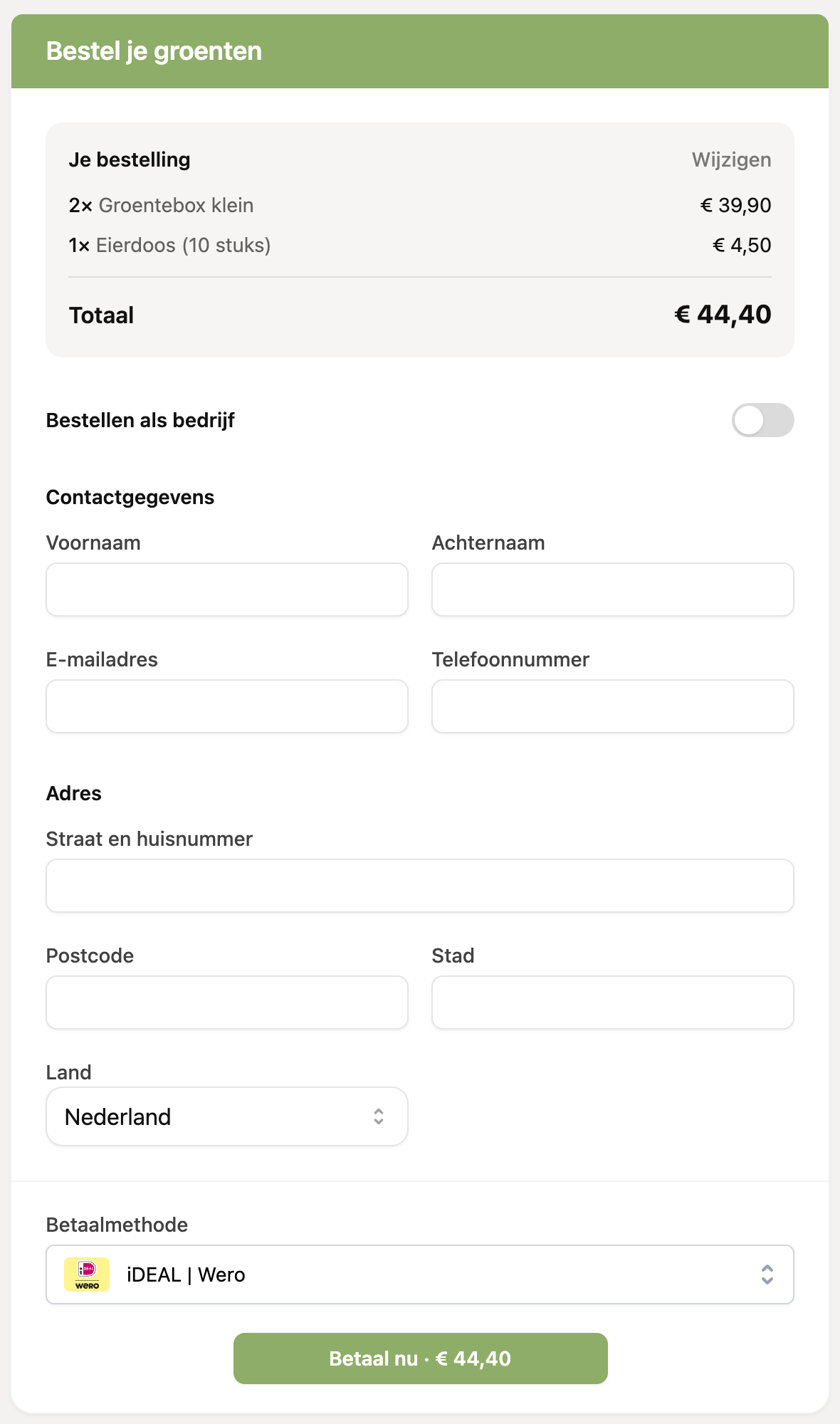 De afrekenpagina van de klant