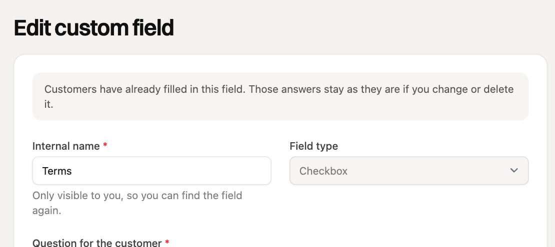A custom field that has been filled in, with a locked type