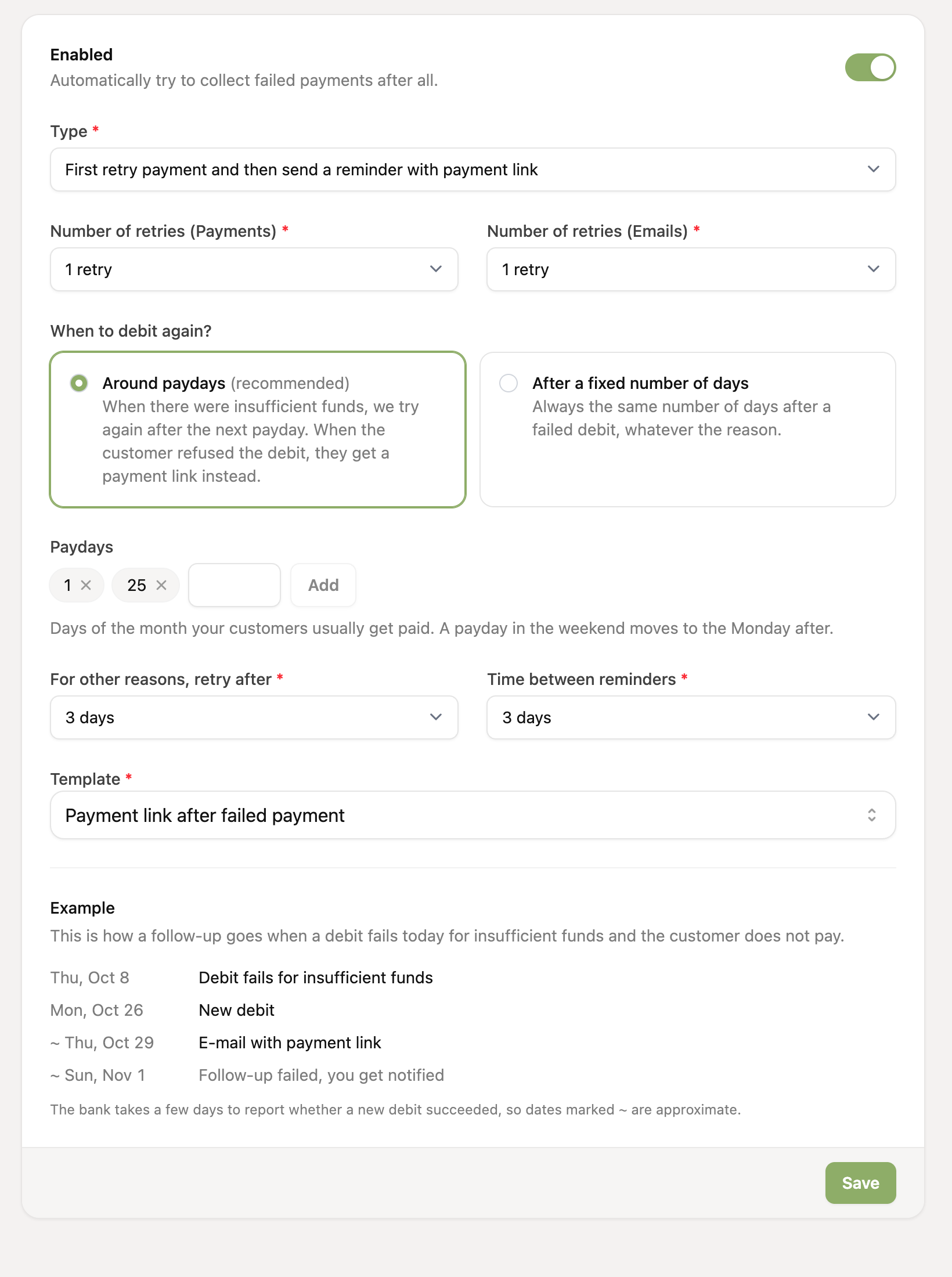 The Follow-ups settings page with the options for type, number of retries, paydays, template and the example