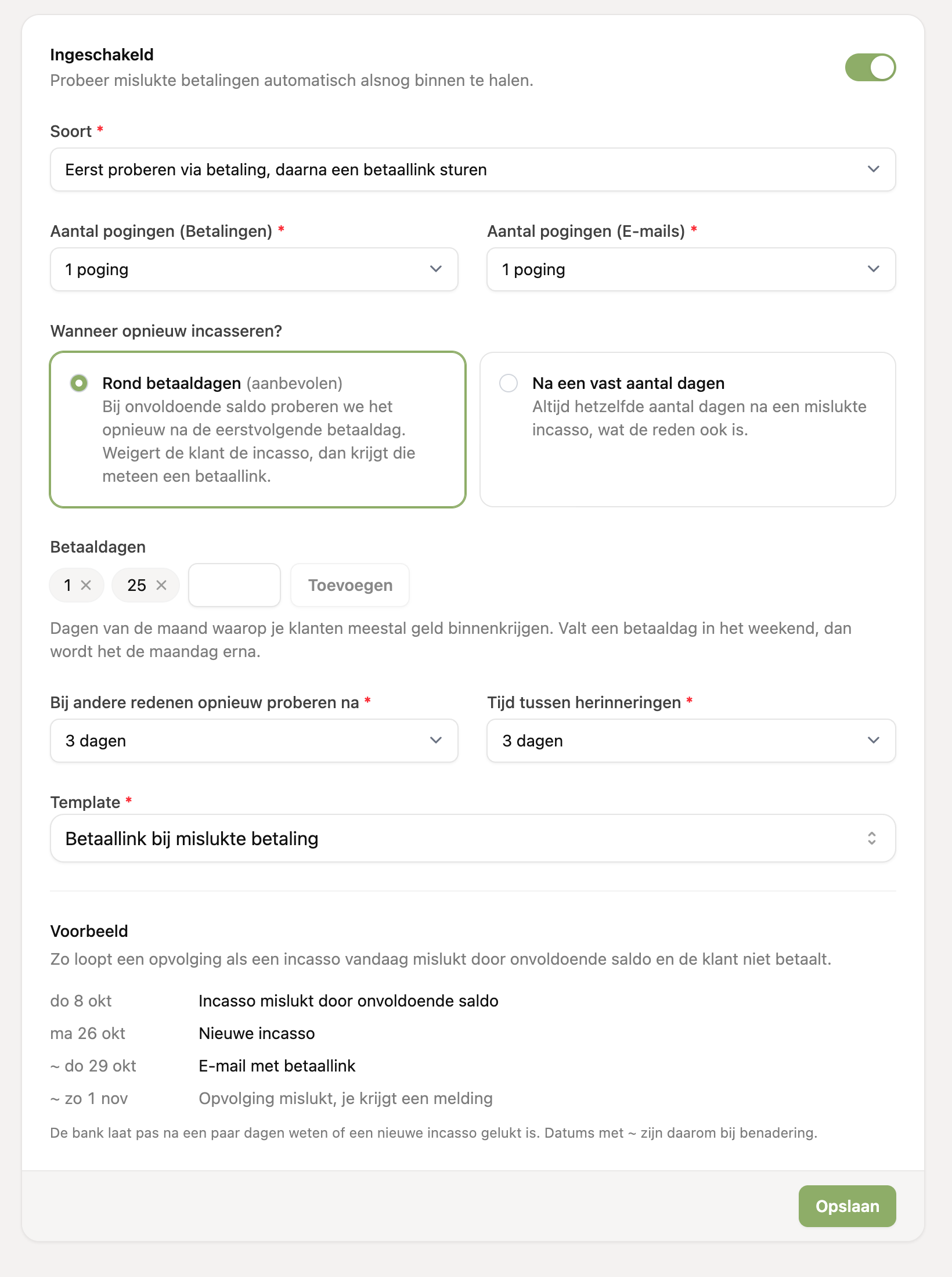 De instellingenpagina Opvolgingen met de opties voor soort, aantal pogingen, betaaldagen, template en het voorbeeld
