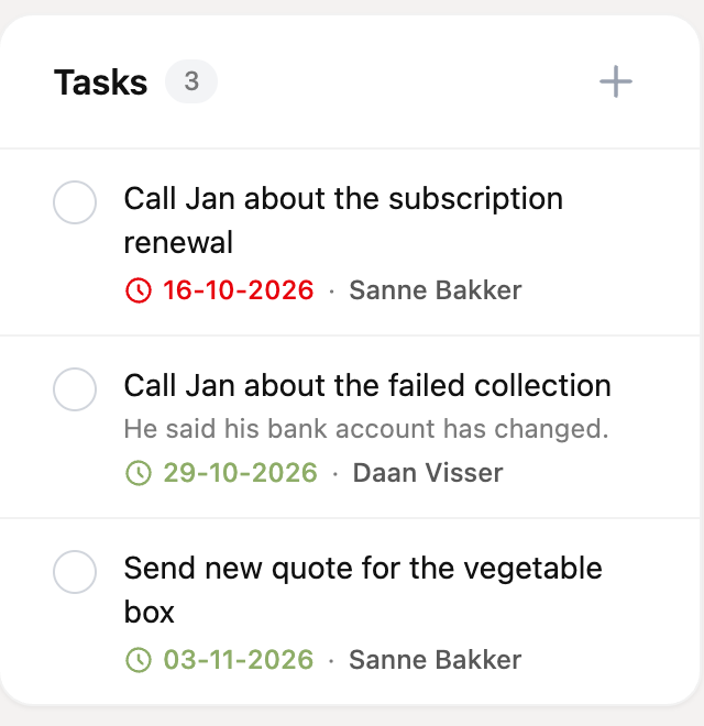 The Tasks card with three open tasks, their dates and colleagues