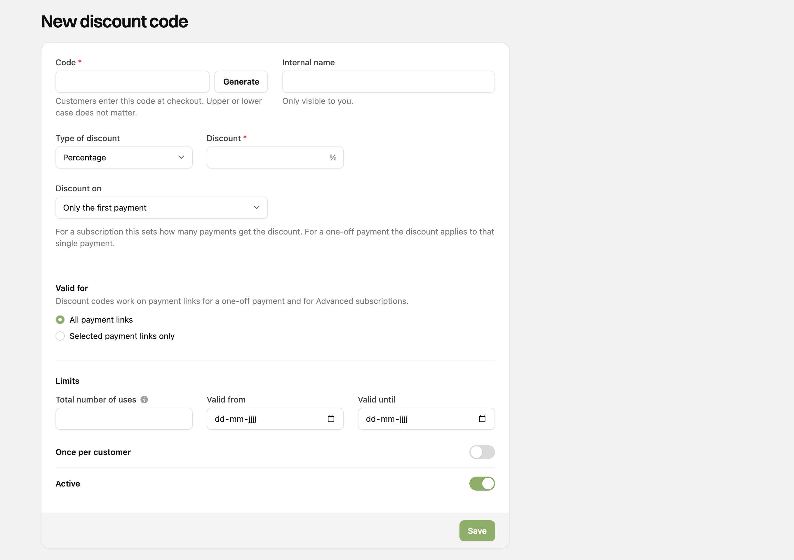 The form for a new discount code