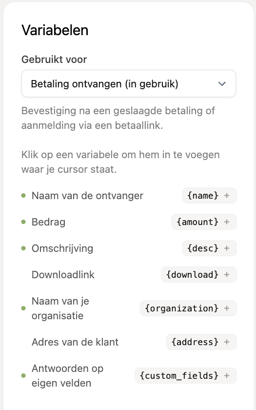 De variabelen van een template, met Antwoorden op eigen velden
