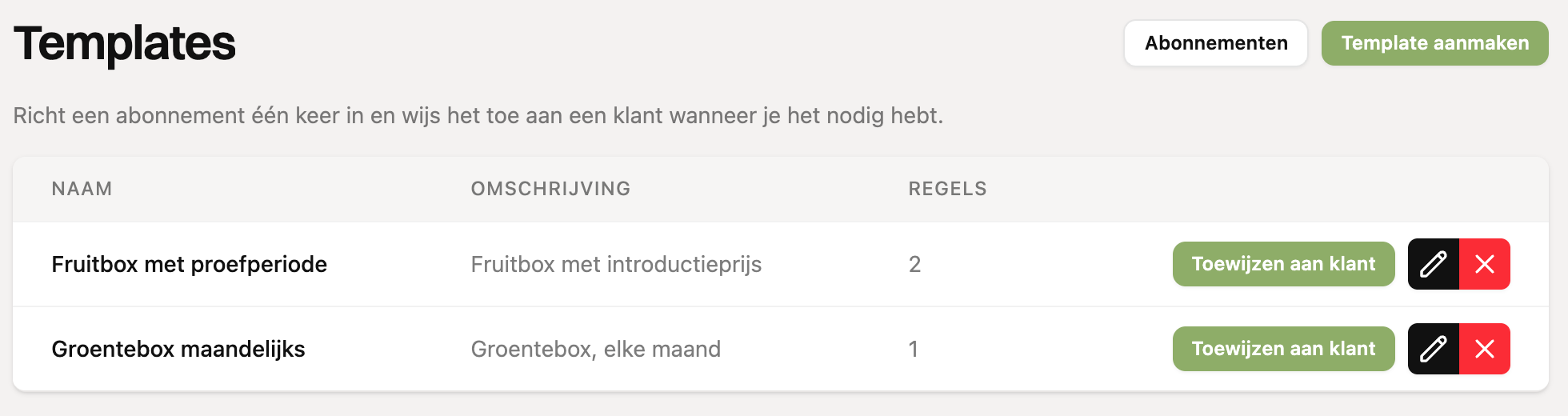 Het overzicht met templates voor Advanced abonnementen