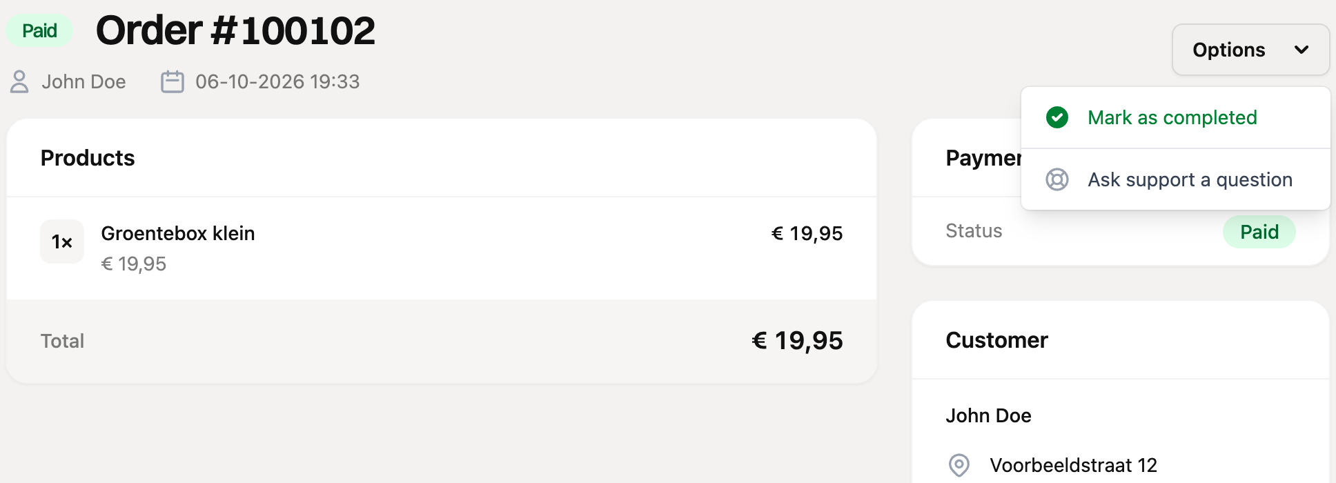 The Options menu for a paid order