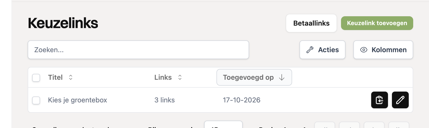 Het overzicht met keuzelinks