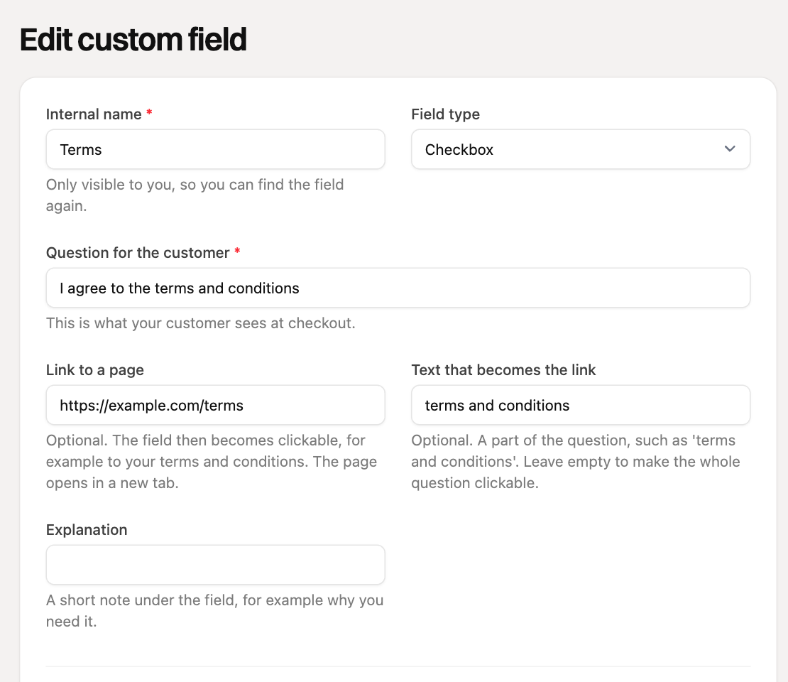 A custom field of the type checkbox with a link to the terms