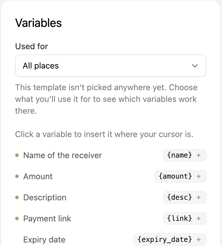 The Variables panel next to the template form