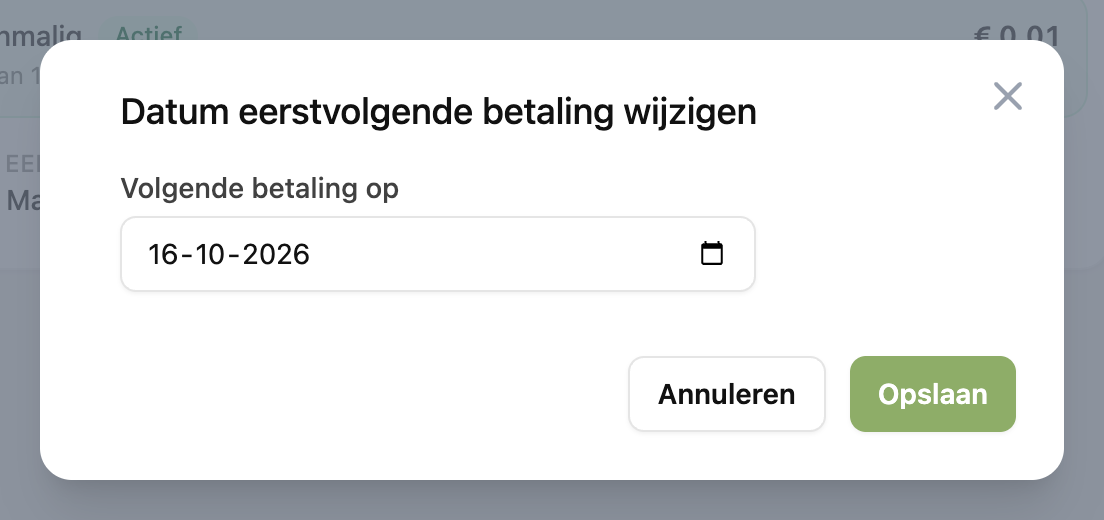 Het venster Datum eerstvolgende betaling wijzigen