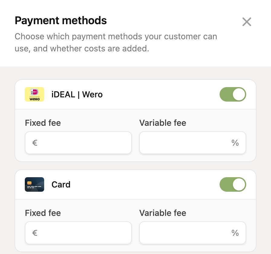 The Payment methods panel with fixed and variable fees