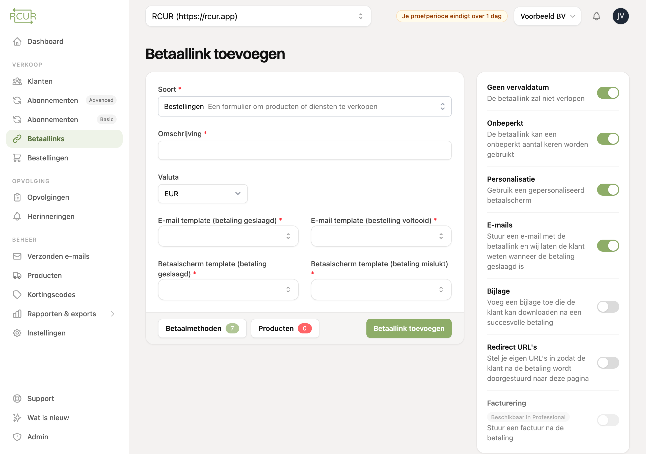 Het formulier voor een betaallink van het soort Bestellingen