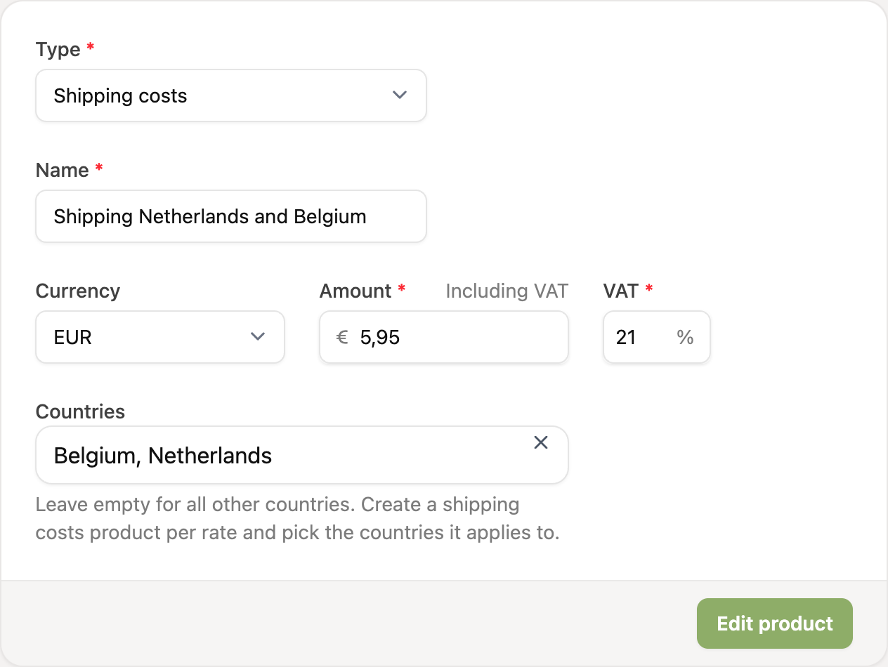 The shipping costs form with the countries Belgium and Netherlands